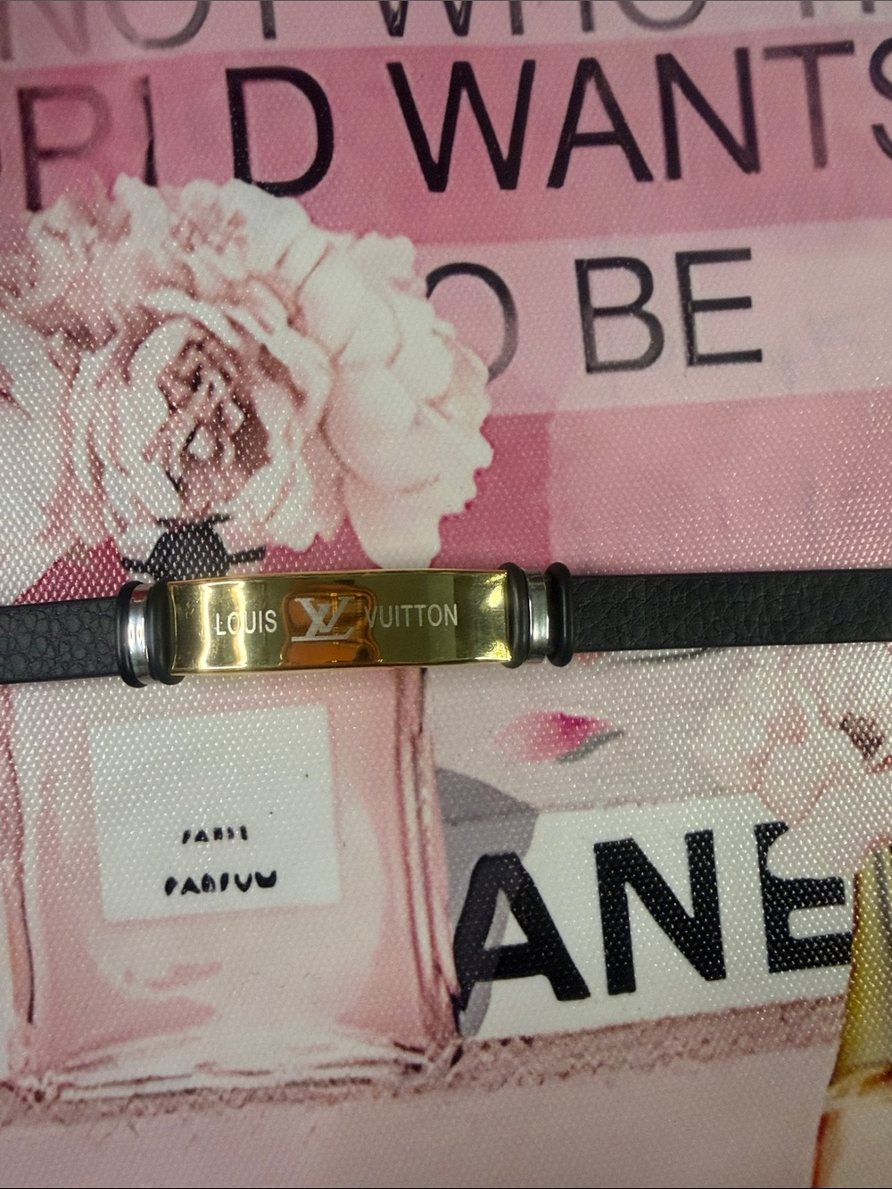 Black leather Bracelet with gold Logo Plate